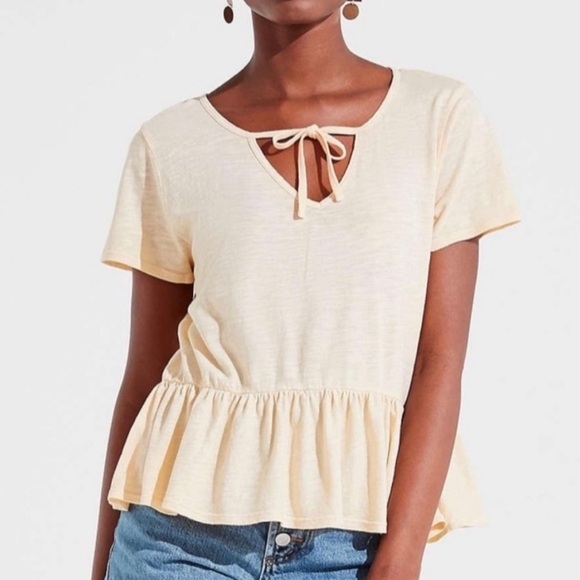 Cream Tie-Front Babydoll Peplum Short-Sleeve Tee Top​ - Picture 1 of 3
